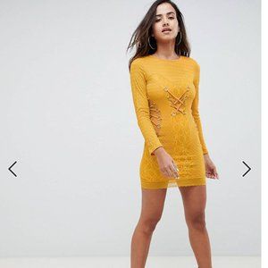 ASOS Mustard Lace Long Sleeve Mini Dress With Ring Detail